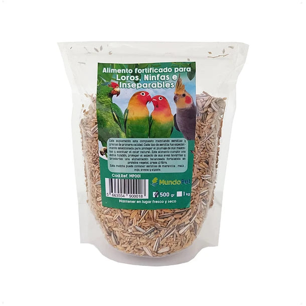 ALIMENTO FORTIFICADO PARA LOROS, NINFAS E INSEPARABLES MUNDOPET 500 GR
